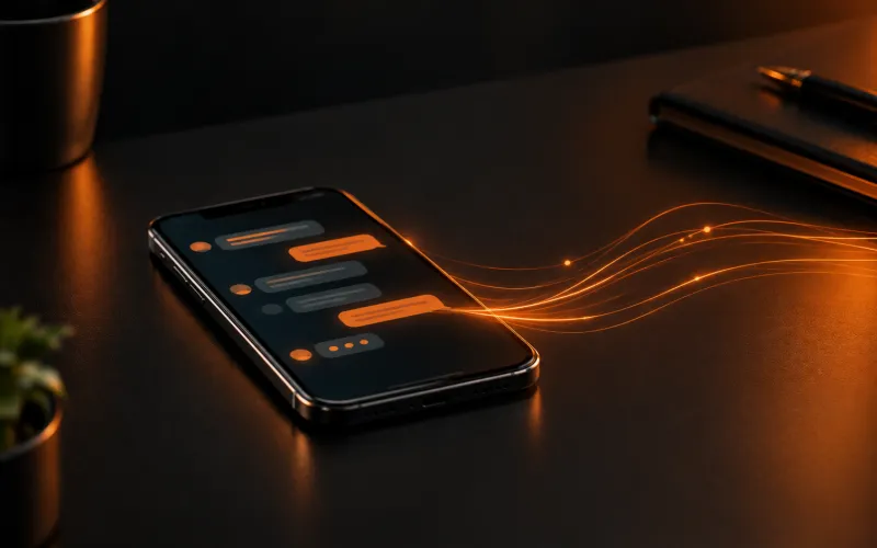 Smartphone on a dark desk with glowing chat messages