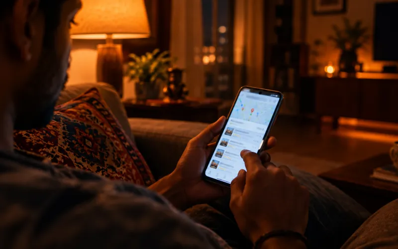 Person searching for a local business on their phone at night