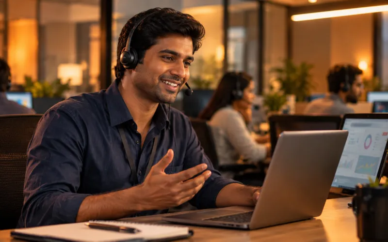 Sales executive with a headset talking to a customer