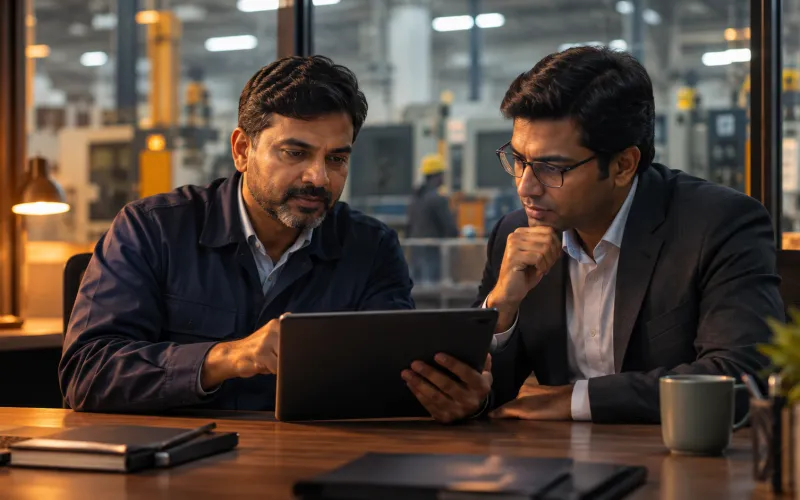 Manufacturer and client reviewing a proposal on a tablet