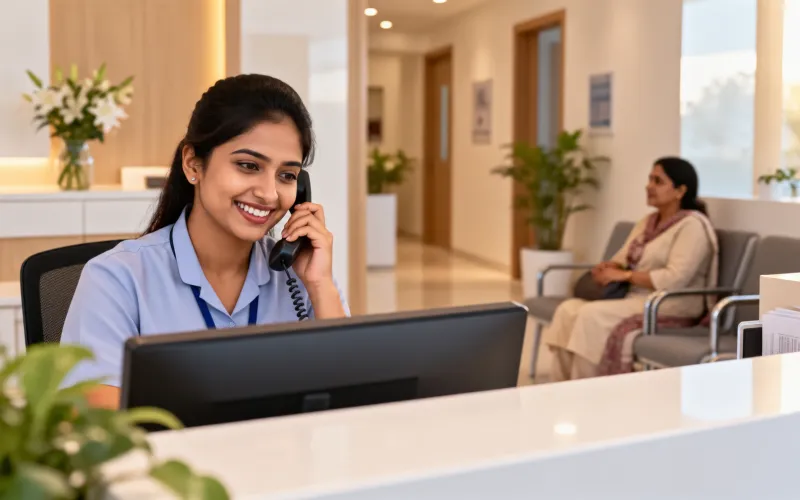Clinic receptionist confirming a patient appointment on the phone