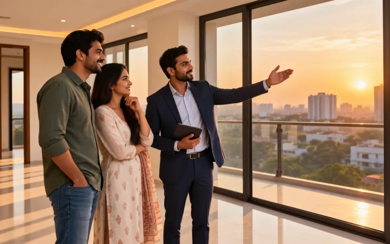 Property advisor showing a young couple the view from a new apartment