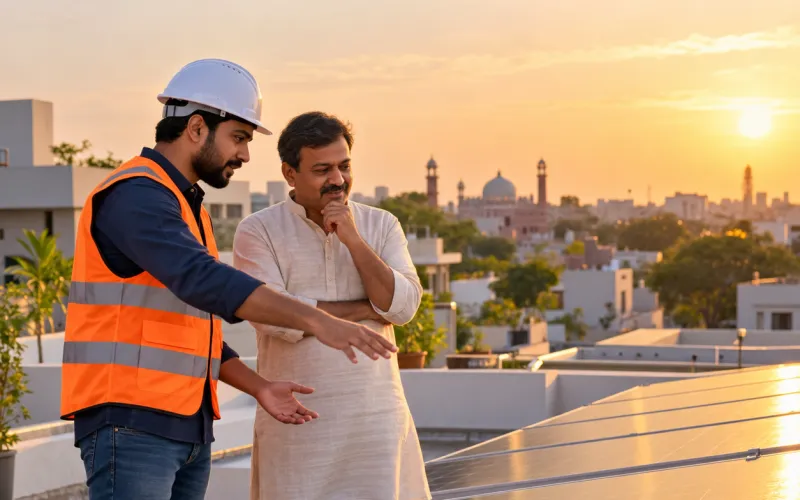 Solar installer explaining rooftop panels to a homeowner in Lucknow at sunset